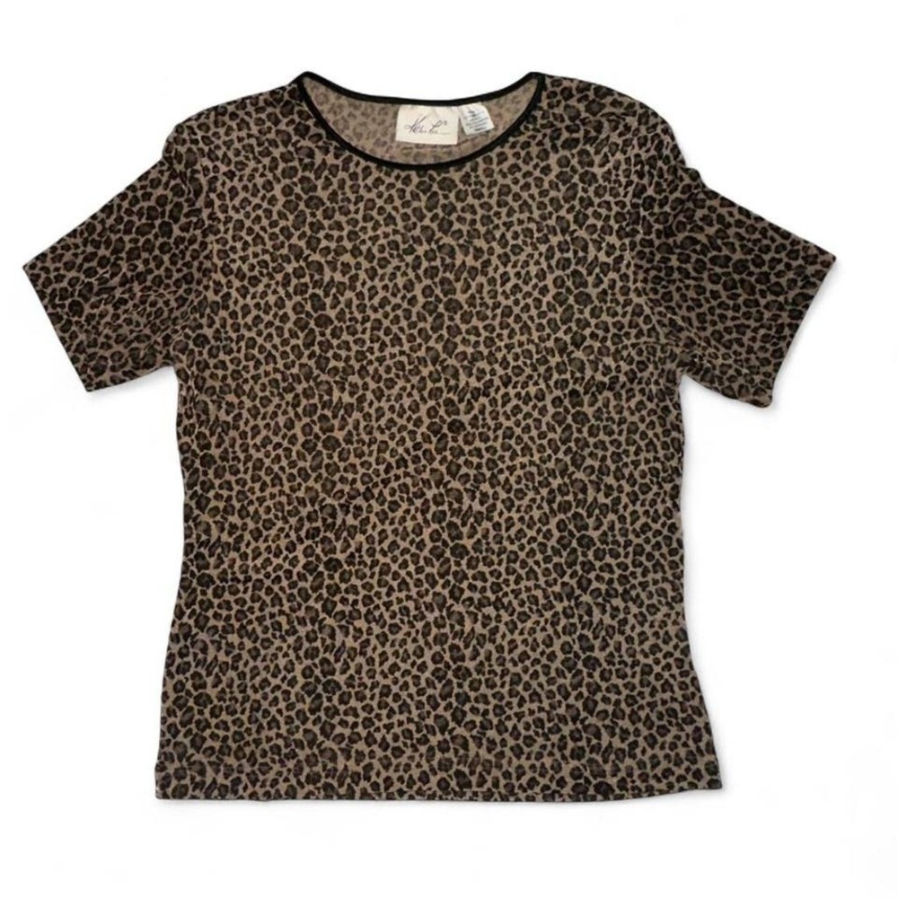 Vintage Kathi Lee sheer cheetah Leopard Print Knit Stretch Short Sleeve Top S